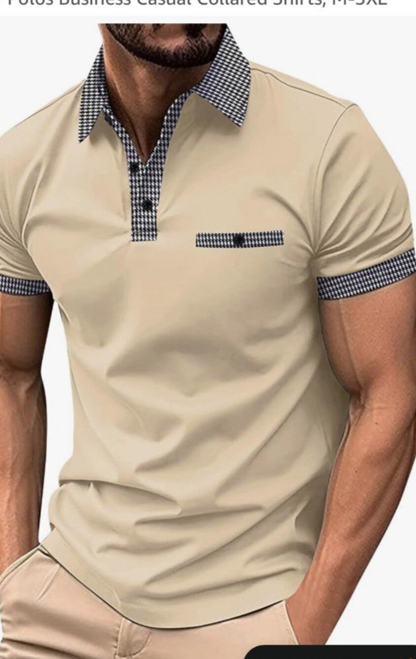 Men's Khaki Beige Polo Shirt Contrast Plaid Collar Houndstooth Trim Pocket M NEW